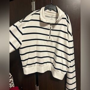 Danskin White & Navy Striped Cowl Half-Zip Sweater